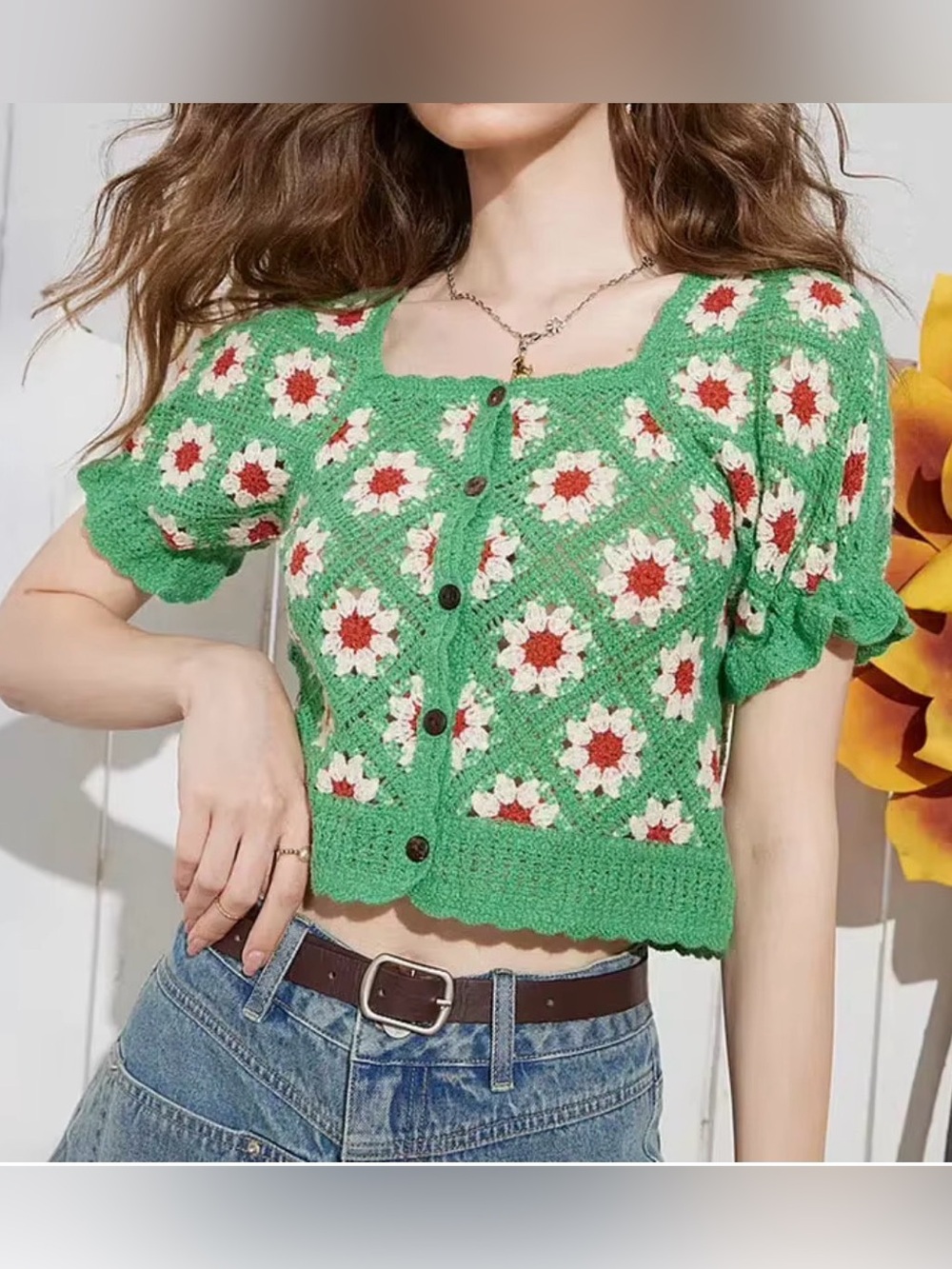 Green Crochet Button-Front Square Neck Women’s Top